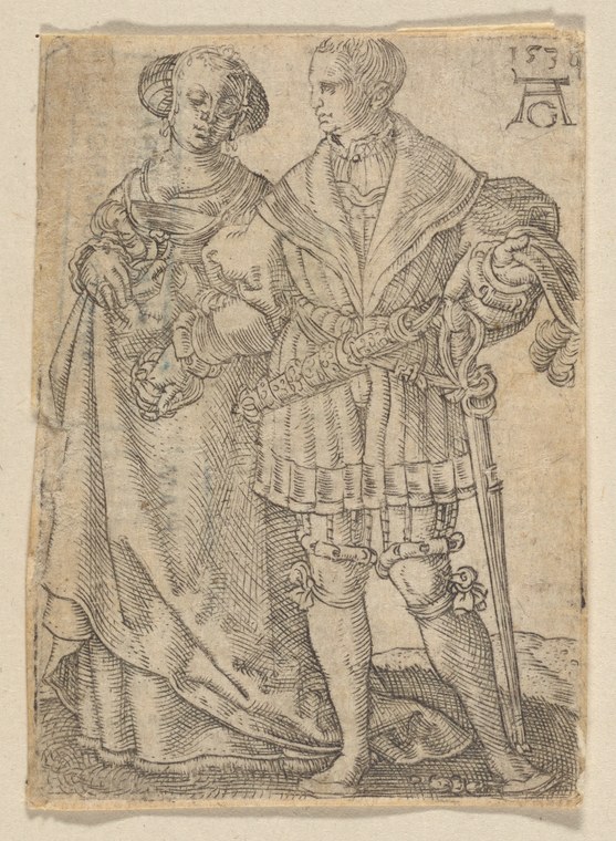Engraving of a woman in elaborate Renaissance dress and headdress facing a man in a patterned doublet and sword, gazing at each other in a formal moment.