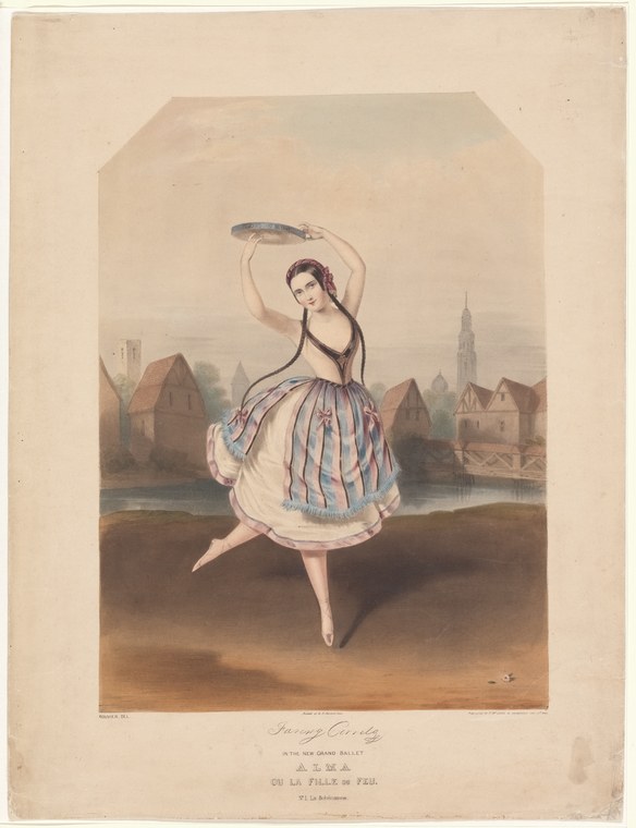 Fanny Cerrito in costume as a bohemian woman, dancing with one leg extended and holding a curved scimitar above her head.