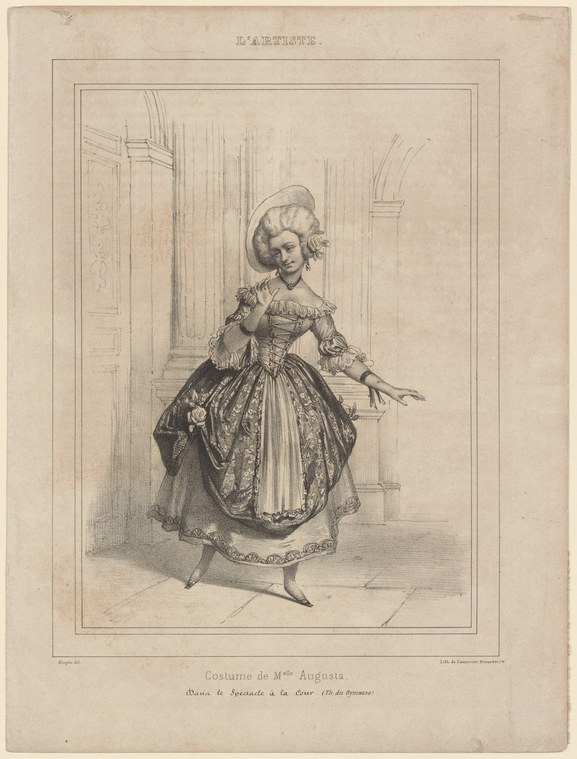 Engraving of a young woman in Romantic-era theatrical costume: fitted bodice, full gathered skirt, ringlet hair, standing in a columned interior.