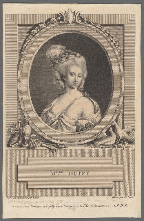 Engraved portrait of a woman in fashionable 18th-century dress, half-length in an ornate oval frame, identified as Mlle. Dutey.