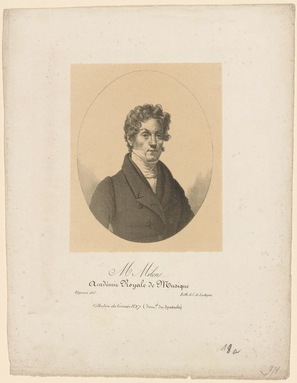 Engraved portrait of Jean-Louis Milon in formal dress, identified as a figure of the Académie Royale de Musique, Paris, 1847.