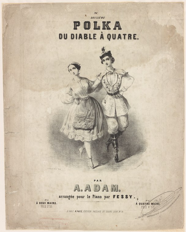 Lithographed title page showing a woman in white dress and a man in a military uniform dancing the polka.