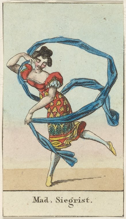 Hand-colored engraving of a woman in red bodice and yellow skirt, spinning with a blue ribbon wrapped around her body.