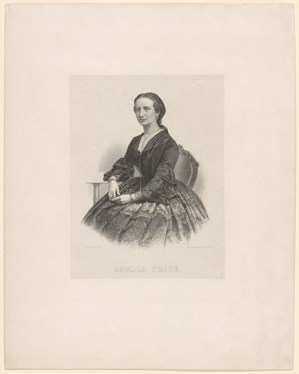 Engraved portrait of a woman seated in a chair, wearing a dark jacket and full pleated skirt, identified as Amalia Price.