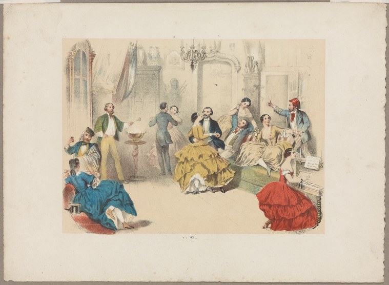A mid-19th-century hand-coloured engraving of fashionably dressed figures gathered in an ornate Parisian drawing room, with a woman in a yellow dress seated at