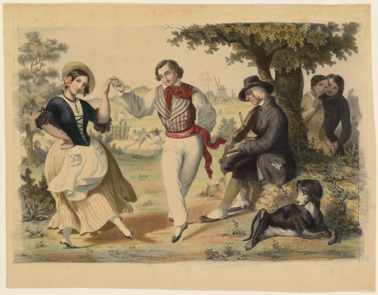 A young couple dances in a rural landscape while onlookers and a dog observe. The woman holds a handkerchief; both wear 19th-century folk dress.