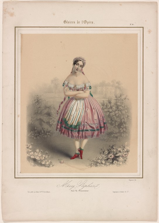 Hand-colored engraving of a young female dancer in a white off-shoulder bodice and pink skirt with colorful ribbons, standing in a garden setting.