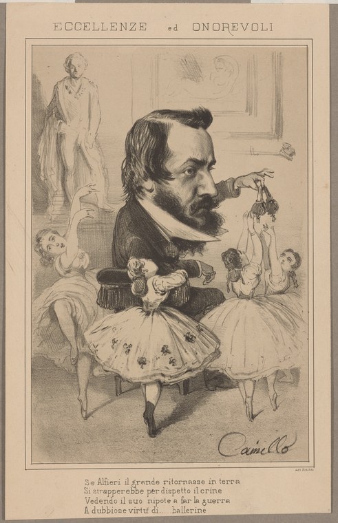 Engraving of a grotesquely caricatured military officer's head mounted above ballet dancers in tutus and classical poses, surrounded by playful putti.