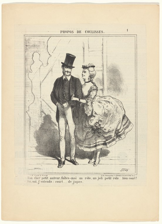 A man in a top hat and tailcoat converses with a woman in an elaborate mid-19th-century ball gown with ruffles and a floral headdress.