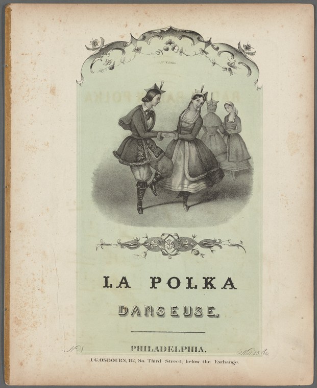 A woman and man in Victorian dress execute a polka in the center; she leans forward in a characteristic hop while he supports her in closed ballroom hold.