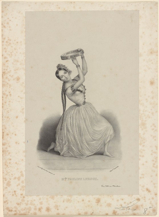 A female dancer in a classical drapery gown leans back in an arched pose, raising a telescope overhead with one arm, her long dark hair coiled at the back.