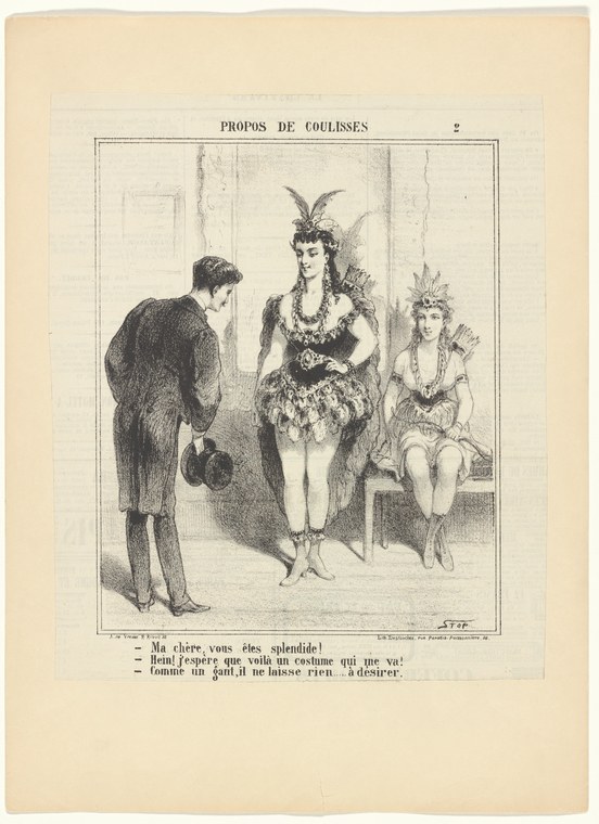 A man in a dark suit bows deeply to two women in feathered theatrical costumes in a dressing room.