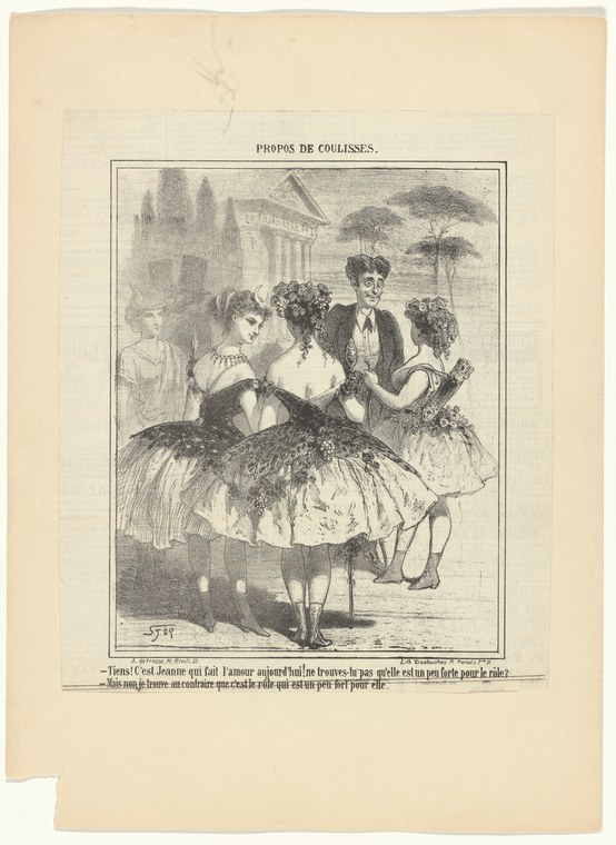 Satirical engraving of four women backstage; central figure in tutu in exaggerated ballet pose surrounded by attendants in theatrical setting.