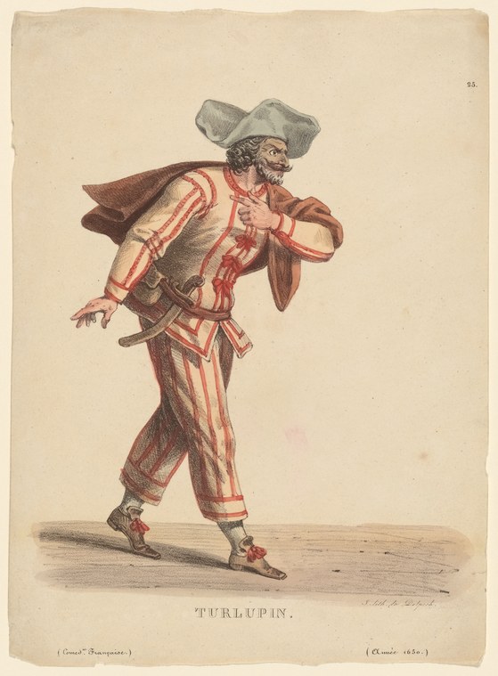A male figure in red-striped costume contorts his body in exaggerated posture, wearing oversized hat and cape, in a hand-colored engraving.