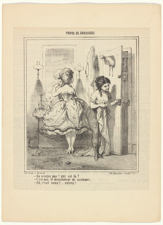 Engraving: Two women in a dressing room, one seated at a mirror adjusting her hair, one standing at an open wardrobe door.