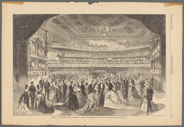 Engraving of a crowded ballroom with formally dressed couples in a grand auditorium with balconies and ornate ceiling.