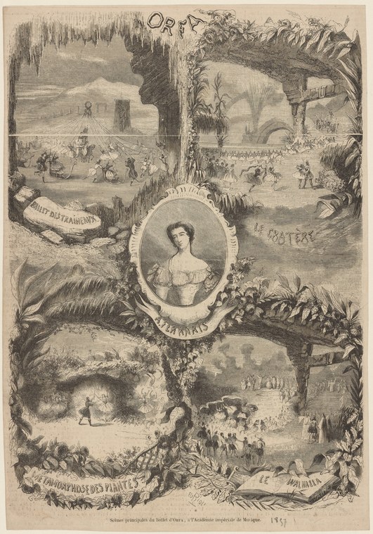 Engraving of a woman in classical dress framed by five theatrical scenes with crowds and architecture, commemorating a celebrated performer named Orfa.