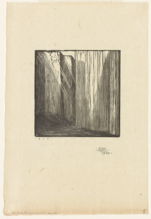 Engraving of an empty stage interior with tall vertical striations suggesting curtains or walls, receding into shadow.