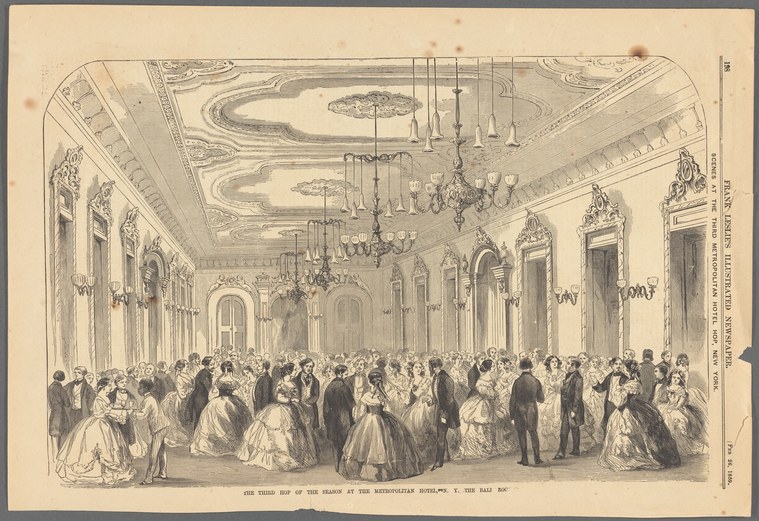 Engraving of a crowded ballroom with hundreds of formally dressed figures, women in voluminous crinoline gowns, men in dark coats, dancing and conversing