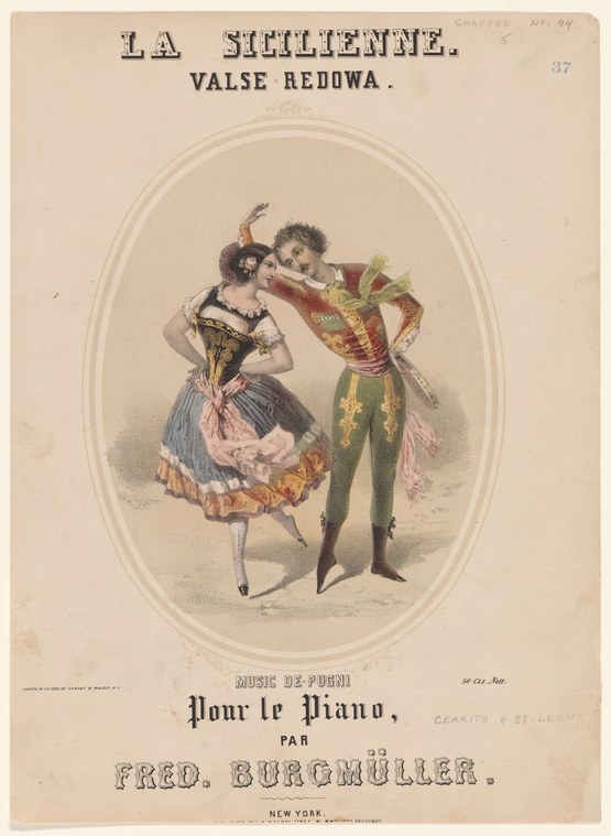Man in military dress and plumed woman in ballroom gown, tilting away from him in a moment of coy flirtation, enclosed in an oval frame.