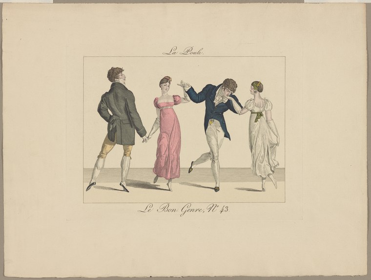 Engraving: four fashionably dressed figures in a ballroom demonstrate the social dance La Poule, with exaggerated postures and raised arms.
