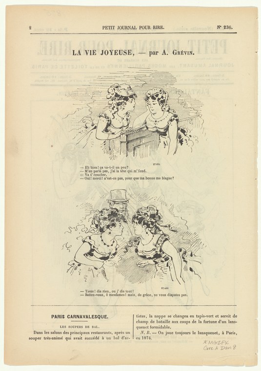 Two panels of a French cartoon showing two elaborately dressed women in exaggerated poses of intimacy and flirtation, with a faint male figure marginalized in