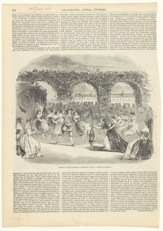 Multiple couples in nineteenth-century dress dance beneath a vine-covered pergola in a formal garden, with seated observers around them.