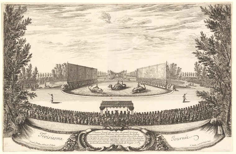 Bird's-eye engraving of a formal garden with a circular pool containing three floating structures, surrounded by a packed semicircular grandstand of hundreds