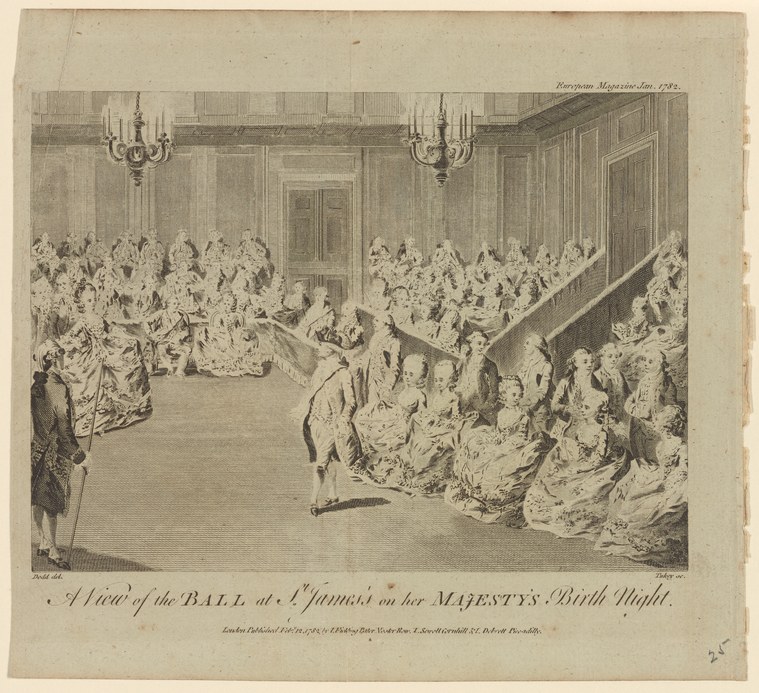 A crowded ballroom scene with dozens of figures in 18th-century formal dress, women in full skirts and men in coats, dancing and conversing beneath