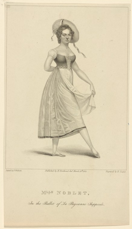 Young woman in early Romantic ballet costume standing in three-quarter pose, wearing pale tutu and bonnet, engraving.