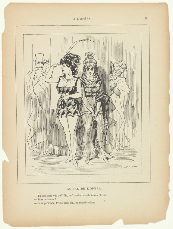 A pen-and-ink sketch of five figures in formal dress and costume at an opera ball, striking exaggerated social poses rather than dancing.