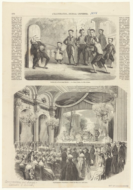 Two 19th-century engravings: upper shows men in dark dress surrounding a boy in theatrical setting; lower depicts crowded ballroom with chandeliers and formal
