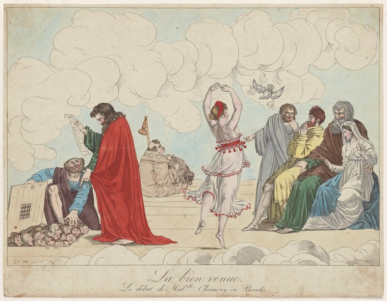 A young woman in white drapery leaps through clouds, arms raised, watched by onlookers in classical dress below.