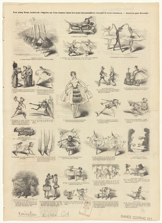 Satirical engraving showing multiple small scenes of 19th-century ballet dancers in exaggerated poses, women in short skirts and tights, men in formal dress