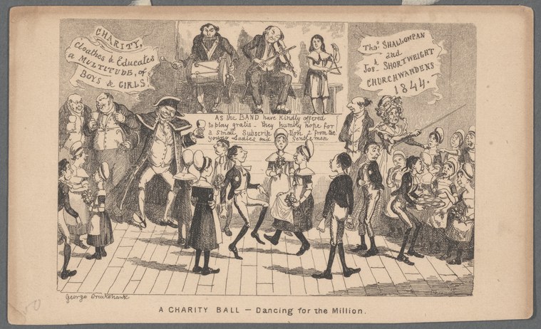 Satirical engraving of a crowded, chaotic ballroom with distorted figures dancing at a charity ball.