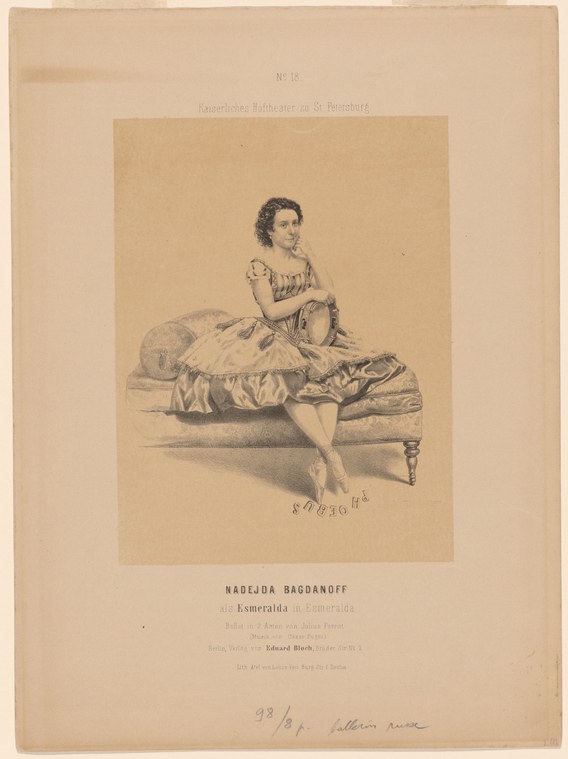 Engraving of a ballerina in pale tulle costume seated on a bench, gazing downward in a pensive pose.