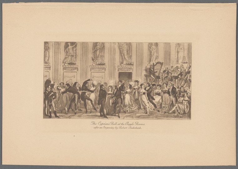 Engraved ballroom scene showing couples in Regency dress dancing a formal set dance inside a neoclassical interior with tall columns.