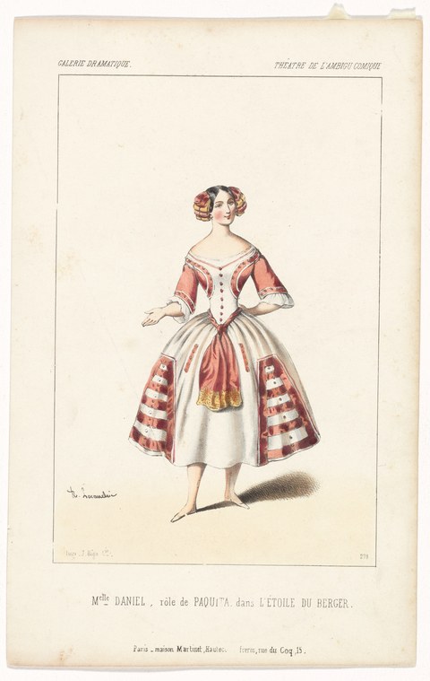 Hand-colored engraving of a woman in coral and cream silk ball gown, standing in three-quarter pose with one arm extended.