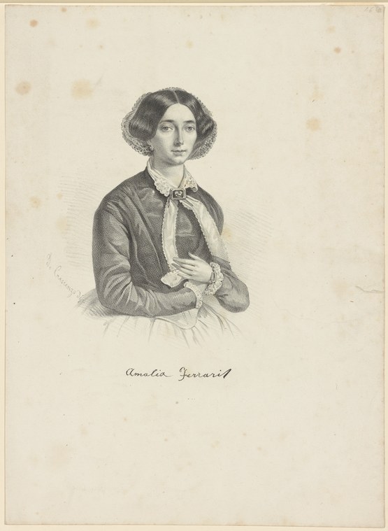 Portrait engraving of a young woman in mid-19th-century dress, identified as Amalia Ferraris, a celebrated European ballet dancer.