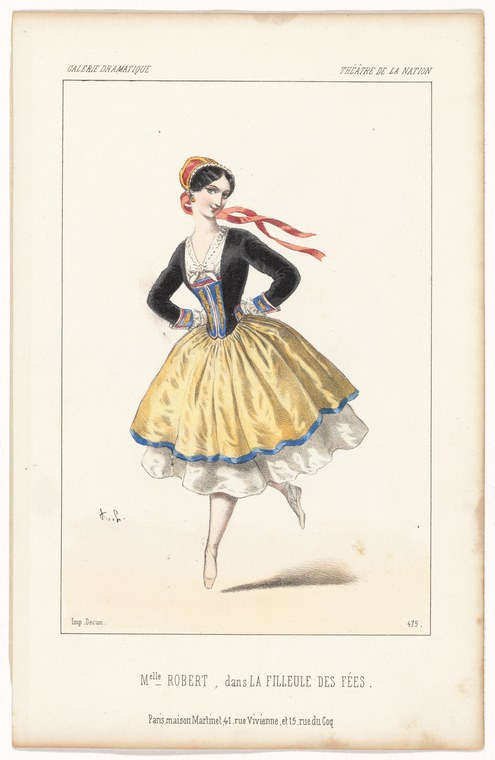 Hand-colored lithograph of a young woman in Romantic-era ballet costume: black jacket, golden tulle skirt, red hair ribbon, in a balletic pose.