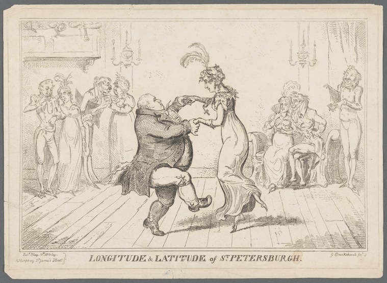 Engraving of an inverted male figure performing a headstand while fashionably dressed onlookers watch in a grand interior.