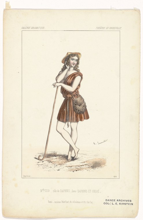 A woman in 19th-century rural dress holds a shepherd's crook, wearing a bonnet and pleated skirt, posed pensively for a theatrical portrait print.