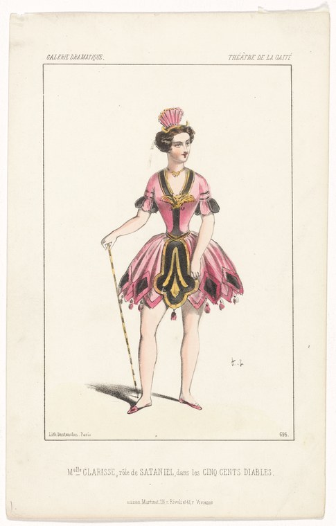 Hand-colored engraving of a female ballet dancer in pink tulle, holding a cane, wearing a headdress and ornamental belt.