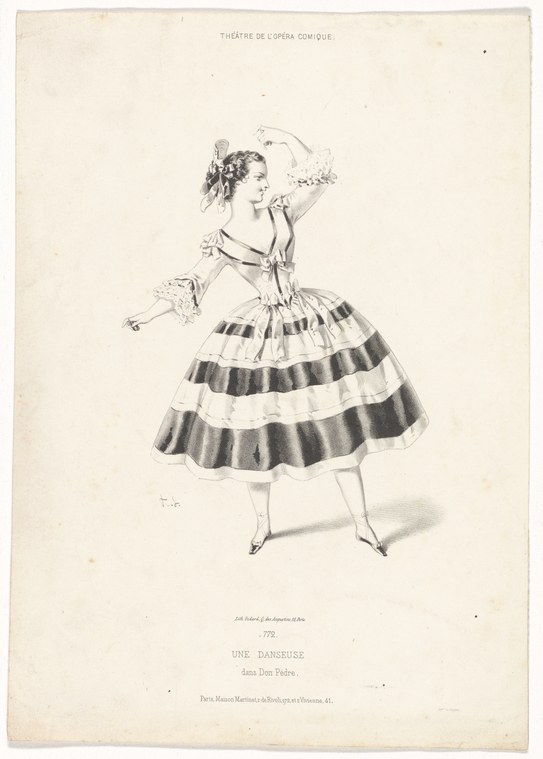 Woman in theatrical costume with striped skirt, holding fan, posed for mid-19th-century theatrical portrait.