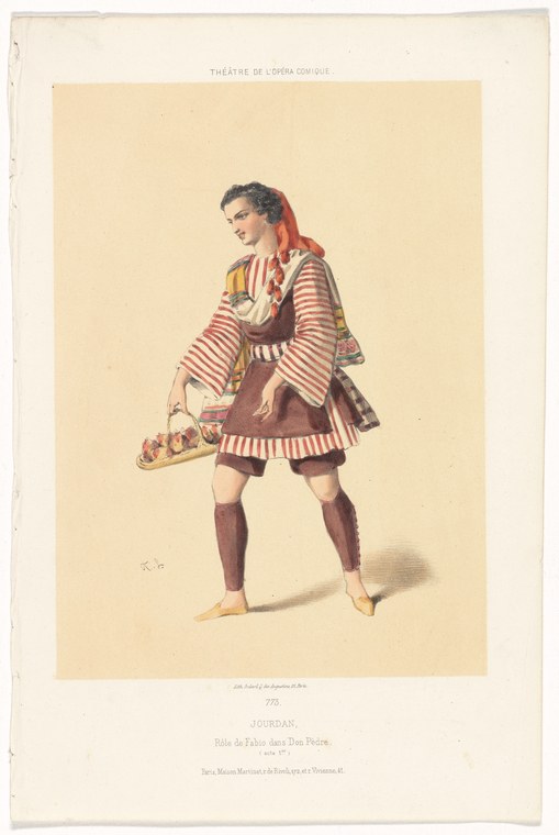A male dancer in striped red and cream tunic and burgundy skirt stands in balletic pose, holding a basket of vegetables.