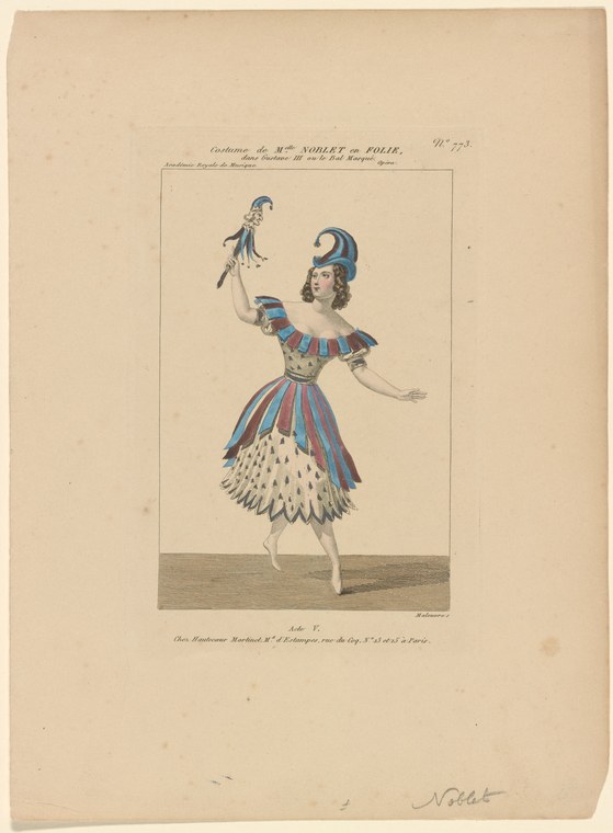 A female dancer in a blue-and-white feathered skirt and striped blue bodice stands on pointe, holding aloft a small puppet, c. 1830.