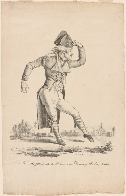 A male performer in early 19th-century jacket and breeches executes an exaggerated, off-balance acrobatic pose in an engraved theatrical print.