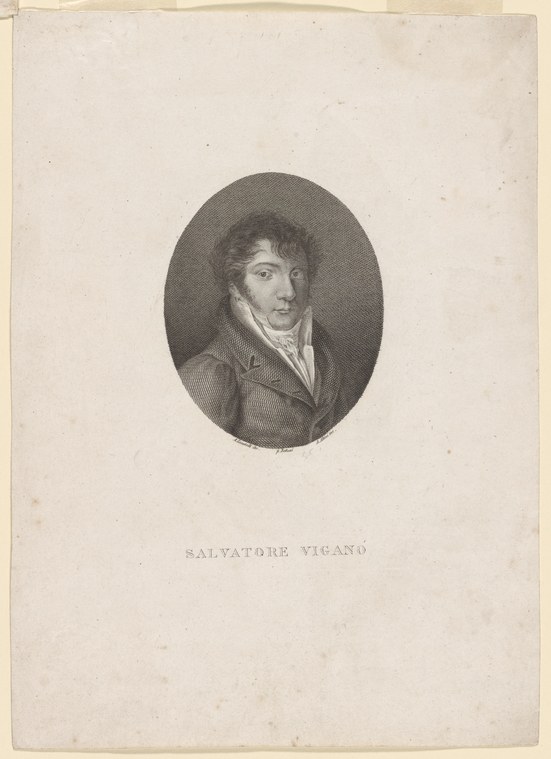 Engraved portrait bust of a dark-haired young man in formal Napoleonic-era dress, inscribed Salvatore Viganò below.