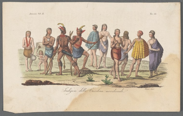 Engraving showing Indigenous Carolinians and European colonists in formal line facing viewer, with raised arms and gesture but no choreographed movement.