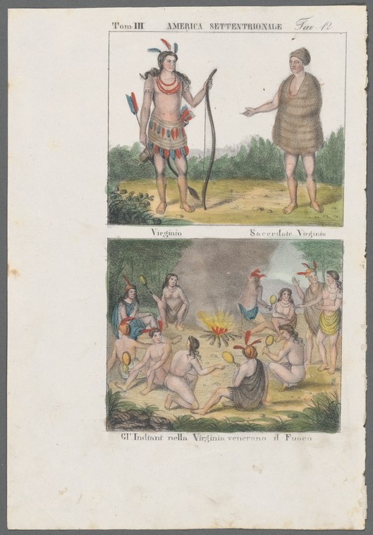 Hand-colored engraving showing Indigenous Virginians: two figures above, a larger gathering around a central fire below with figures in mixed standing and